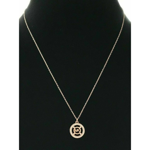 Michael Kors Iconic Cut-Out MK Logo w/ Crystals Pendant Necklace Silver New Tg - Picture 3 of 8